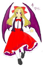 Rule 34 | 1girl, absurdres, arms behind back, bat (animal), bat wings, black footwear, blonde hair, bow, bowtie, breasts, closed mouth, collared shirt, commentary request, derivative work, elis (touhou), eyelashes, facial mark, frilled skirt, frills, full body, hair bow, happy, highly responsive to prayers, highres, korean commentary, kuya (hey36253625), loafers, long hair, long skirt, long sleeves, looking at viewer, medium breasts, pink bow, pointy ears, purple eyes, purple vest, red bow, red bowtie, red skirt, shirt, shoes, simple background, skirt, smile, star (symbol), star wand, touhou, touhou (pc-98), translation request, vest, wand, white background, white legwear, white shirt, wings