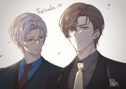 Rule 34 | 2boys, absurdres, artem wing (tears of themis), black jacket, black necktie, black shirt, blue eyes, blue shirt, brown hair, closed mouth, collared shirt, commentary request, forehead, glasses, gradient background, grey background, grey hair, hair between eyes, highres, jacket, jiukuzi18797, looking at viewer, male focus, mole, mole under eye, multiple boys, necktie, parted bangs, shirt, tears of themis, upper body, vyn richter (tears of themis), white background, yellow eyes, yellow necktie