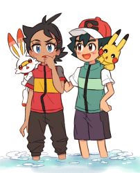Rule 34 | 2boys, absurdres, ash ketchum, baseball cap, black pants, blue eyes, brown eyes, creatures (company), dark-skinned male, dark skin, game freak, gen 1 pokemon, gen 8 pokemon, goh (pokemon), hair ornament, hairclip, hand on another&#039;s shoulder, hand on own chin, hat, highres, multiple boys, nico o0, nintendo, open mouth, pants, partially submerged, pikachu, pokemon, pokemon (anime), pokemon (creature), pokemon journeys, scorbunny, spiked hair, wading, water, white background