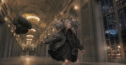Rule 34 | 1girl, absurdres, animal print, arch, bag, balloon, black coat, black dress, blood, blood on clothes, blood on face, bow, building, chandelier, city, city lights, coat, collared dress, dress, grey hair, hair bow, hair ribbon, hallway, highres, holding, holding balloon, ichijou riana, indoors, jacket, lavender quartz, legs together, lens flare, lm7 (op-center), long sleeves, looking at viewer, night, open clothes, open coat, open mouth, orange eyes, original, perspective, ribbon, skyscraper, solo, standing, twintails, vaulted ceiling, window