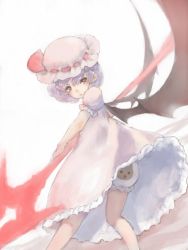 Rule 34 | 1girl, animal print, bat wings, bloomers, expressionless, hat, hat ribbon, light purple hair, looking at viewer, looking back, masuchi, mob cap, print bloomers, puffy short sleeves, puffy sleeves, red eyes, remilia scarlet, ribbon, short hair, short sleeves, simple background, solo, spear the gungnir, touhou, underwear, white background, wings