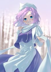 Rule 34 | 1girl, apron, blue eyes, blue skirt, blue vest, blush, bow, breasts, colored eyelashes, cowboy shot, eyelashes, glint, happy, hat, highres, holding, holding clothes, holding scarf, juliet sleeves, kanpa (campagne 9), letty whiterock, light purple hair, lips, long scarf, long sleeves, looking at viewer, nail polish, open mouth, outdoors, parted bangs, polearm, puffy sleeves, scarf, shirt, short hair, skirt, snow, solo, sparkle, teeth, touhou, trident, vest, weapon, white apron, white bow, white hat, white scarf, white shirt