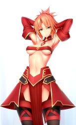 Rule 34 | 1girl, actinium89, armpits, arms behind head, bandeau, black thighhighs, blonde hair, breasts, breasts apart, collar, detached collar, detached sleeves, fate/grand order, fate (series), green eyes, hair ornament, highres, mordred (fate), mordred (fate/apocrypha), pelvic curtain, ponytail, puffy detached sleeves, puffy sleeves, red bandeau, red collar, red skirt, skirt, solo, stomach, thighhighs