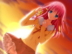 Rule 34 | 1girl, blue eyes, blush, cellphone charm, cellphone strap, charm (object), female focus, fujisawa hinako, game cg, charm (object), looking at viewer, ojousama kumikyoku, outdoors, pink hair, skirt, smile, solo, sunset, sweater, tatsumi neon, thighhighs, wind, wind lift
