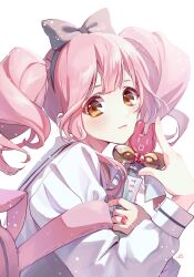 Rule 34 | 1girl, :3, aoi rokushou, artist name, backpack, bag, black bow, black hairband, blush, bow, brown eyes, from side, hair behind ear, hair bow, hairband, heart, highres, holding, holding wand, jewelry, looking at viewer, macross, macross delta, makina nakajima, medium hair, ring, shirt, smile, solo, twintails, wand, white background, white shirt