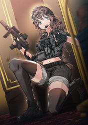 Rule 34 | 1girl, ammunition pouch, black footwear, black shorts, black thighhighs, blue eyes, brown hair, combat helmet, commission, cropped jacket, ear protection, fingerless gloves, gloves, grey jacket, gun, h&amp;k mp7, hands up, helmet, highres, holding, holding weapon, indoors, jacket, laser sight, long hair, looking to the side, microphone, midriff, navel, on one knee, open mouth, optical sight, original, persocon93, phone, bulletproof vest, ponytail, pouch, red ribbon, ribbon, shoes, shorts, solo, submachine gun, suppressor, termichan (not-a-bot), thighhighs, visor (armor), weapon