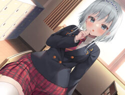 Rule 34 | 1girl, :o, absurdres, arm support, asa no ha (awayuki), black jacket, blush, breasts, chair, checkered clothes, checkered headwear, classroom, collared shirt, desk, diagonal-striped clothes, diagonal-striped necktie, grey hair, hairband, highres, jacket, locker, long sleeves, looking at viewer, medium breasts, necktie, non-web source, on desk, open mouth, original, plaid, plaid skirt, pleated skirt, red necktie, red skirt, school chair, school desk, school uniform, shirt, short hair, sidelocks, sitting, on desk, skirt, solo, striped clothes, thighhighs, white shirt, white thighhighs, wide hips, wooden floor, zettai ryouiki