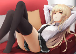 Rule 34 | 1girl, arms behind head, bitterpain, black necktie, black skirt, black thighhighs, blonde hair, commentary request, couch, crossed legs, long sleeves, looking at viewer, lying, necktie, on back, on couch, original, pillow, pleated skirt, red eyes, school uniform, shirt, skirt, solo, thighhighs, thighs, white shirt