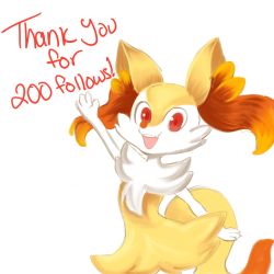 Rule 34 | 1girl, animal ear fluff, animal ears, animal hands, arm up, braixen, claws, creatures (company), english text, fang, female focus, fox ears, fox tail, furry, furry female, game freak, gen 6 pokemon, happy, highres, jpeg artifacts, looking at viewer, mezmaroon, milestone celebration, nintendo, open mouth, pokemon, pokemon (creature), red eyes, simple background, smile, solo, standing, tail, teeth, thank you, white background