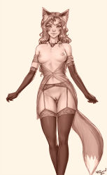 Rule 34 | 1girl, animal ear fluff, animal ears, arms at sides, body freckles, breasts, brown theme, cleft of venus, closed mouth, elbow gloves, fox ears, fox tail, freckles, garter belt, gloves, highres, jewelry, lingerie, long hair, looking at viewer, medium breasts, monochrome, navel, necklace, nipples, original, personal ami, pussy, sepia, signature, simple background, smile, solo, tail, thigh gap, thighhighs, uncensored, underwear, white background