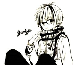 Rule 34 | 1boy, :p, adjusting scarf, anzu (o6v6o), breast pocket, character name, genderswap, genderswap (ftm), glasses, gumiya, jacket, long sleeves, looking at viewer, male focus, monochrome, pants, plaid, plaid scarf, pocket, scarf, sepia, simple background, sitting, solo, tongue, tongue out, vocaloid, white background