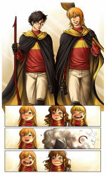 Rule 34 | 2boys, 3girls, :d, black hair, book, broom, brown hair, cape, ginny weasley, glasses, gloves, harry potter, harry potter (series), hermione granger, hito (hito76), hogwarts uniform, lavender brown, multiple boys, multiple girls, open mouth, red hair, ron weasley, scarf, smile, staff, weapon, wizarding world