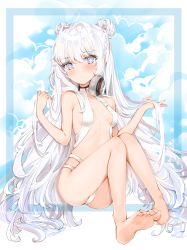 Rule 34 | + +, 1girl, absurdres, ass, azur lane, bare arms, bare legs, bare shoulders, barefoot, blush, breasts, closed mouth, commentary request, double bun, feet, grey eyes, hair between eyes, hair bun, hands up, headphones, headphones around neck, highres, knees up, le malin (azur lane), le malin (mercredi at the secret base) (azur lane), legs, long hair, looking at viewer, one-piece swimsuit, silver hair, small breasts, soles, solo, swimsuit, toes, very long hair, white one-piece swimsuit, yukineko1018
