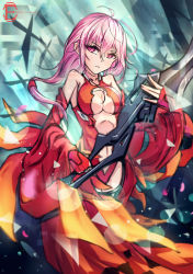 Rule 34 | 10s, 1girl, bare shoulders, bingyuheizhiyan, black thighhighs, breasts, center opening, cleavage, detached sleeves, elbow gloves, fingerless gloves, gloves, guilty crown, hair ornament, hairclip, long hair, looking at viewer, navel, original, pink hair, red eyes, solo, thighhighs, twintails, void (guilty crown), yuzuriha inori