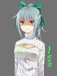 Rule 34 | 10s, 1girl, blunt bangs, bow, breast conscious, breast padding, breasts, cleavage cutout, clothing cutout, expressionless, food, fruit, grey background, hair bow, kantai collection, looking at viewer, melon, meme attire, open-chest sweater, ponytail, ribbed sweater, shaded face, simple background, small breasts, solo, sweater, taiki (ozone), translated, turtleneck, upper body, yellow eyes, yuubari (kancolle)