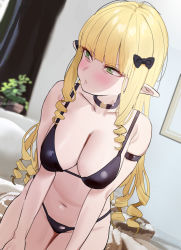Rule 34 | 1girl, bikini, black bikini, black bow, black choker, blunt bangs, blush, bow, breasts, choker, closed mouth, commentary request, drill hair, green eyes, hair bow, highres, indoors, large breasts, long hair, looking to the side, plant, pointy ears, potted plant, princess connect!, saren (princess connect!), sidelocks, sitting, solo, subachi, swimsuit, twitter username, very long hair