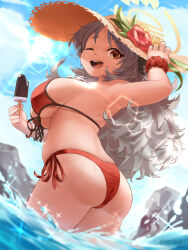 Rule 34 | 1girl, absurdres, ass, bikini, black horns, blue archive, blue sky, breasts, brown eyes, cloud, curled horns, flower, food, grey hair, halo, hat, hat flower, highres, hoishere7, horns, izumi (blue archive), large breasts, long hair, looking at viewer, looking back, open mouth, popsicle, red bikini, round teeth, side-tie bikini bottom, sky, solo, splashing, straw hat, sun hat, swimsuit, teeth, upper teeth only, wading, water, wavy hair