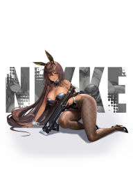 Rule 34 | 1girl, absurdres, animal ears, bare shoulders, black footwear, black leotard, black nails, black pantyhose, blush, breasts, brown hair, cleavage, commentary request, copyright name, dark skin, detached collar, fake animal ears, fishnet pantyhose, fishnets, goddess of victory: nikke, gun, hair between eyes, hand on ground, high heels, highleg, highleg leotard, highres, holding, holding gun, holding weapon, large breasts, leotard, long hair, looking at viewer, maki (user fyjx4337), nail polish, noir (nikke), on one knee, open mouth, pantyhose, patent heels, playboy bunny, pumps, rabbit ears, shoes, simple background, solo, stiletto heels, thighs, trigger discipline, weapon, white background, wrist cuffs, yellow eyes