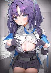 Rule 34 | 1girl, absurdres, belt, blue archive, blue necktie, blush, breasts, cleavage, clothes pull, collared shirt, gloves, half gloves, halo, highres, id card, jacket, jacket partially removed, looking at viewer, medium breasts, miniskirt, necktie, off shoulder, open clothes, open jacket, parted bangs, pleated skirt, pomesaurus, purple eyes, purple hair, shirt, sidelocks, sitting, skirt, solo, two side up, white belt, white shirt, yuuka (blue archive)