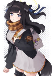 Rule 34 | 1girl, animal ears, backpack, bag, black hair, black ribbon, blue archive, blunt bangs, blush, casual, cowboy shot, dress, fishnet thighhighs, fishnets, hair ornament, hair ribbon, halo, hibiki (blue archive), highres, holding, jacket, long hair, long sleeves, looking at viewer, official alternate costume, open mouth, plaid, plaid scarf, poyadi, ribbon, scarf, simple background, solo, standing, thighhighs, two side up, white background, zettai ryouiki