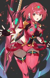 Rule 34 | 1girl, aegis sword (xenoblade), black gloves, breasts, chest jewel, earrings, fingerless gloves, gem, gloves, headpiece, highres, jewelry, kinagi (3307377), large breasts, pantyhose, pantyhose under shorts, pyra (xenoblade), red eyes, red hair, red shorts, short hair, short shorts, shorts, solo, swept bangs, sword, thighhighs, tiara, weapon, xenoblade chronicles (series), xenoblade chronicles 2