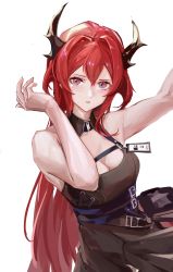 Rule 34 | 1girl, arknights, black collar, black dress, breasts, chest strap, cleavage, collar, demon horns, dress, hair between eyes, hair intakes, highres, horns, id card, large breasts, lithographica, long hair, off shoulder, purple eyes, red hair, solo, surtr (arknights), white background