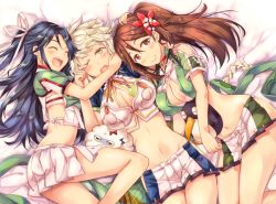 Rule 34 | 10s, 3girls, ^ ^, amagi (kancolle), asymmetrical hair, bad id, bad twitter id, bare shoulders, bed sheet, bell, black hair, blonde hair, blush, braid, breasts, brown eyes, brown hair, choker, cleavage, cleavage cutout, closed eyes, clothing cutout, colored eyelashes, failure penguin, flower, girl sandwich, hair between eyes, hair flower, hair ornament, hair ribbon, hand on another&#039;s head, hug, jingle bell, kantai collection, katsuragi (kancolle), large breasts, long hair, looking at viewer, lying, midriff, miniskirt, miss cloud, mole, mole under eye, multiple girls, navel, on back, on side, one eye closed, open mouth, pleated skirt, ponytail, ribbon, sandwiched, short sleeves, side slit, silver hair, single braid, skirt, smile, stomach, stuffed animal, stuffed penguin, stuffed toy, takitarou, unryuu (kancolle), very long hair, wavy hair, wavy mouth, white ribbon, white skirt, wince, yellow eyes