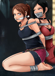 Rule 34 | 2girls, barefoot, bike shorts, black hair, black tank top, blue eyes, bound, bound ankles, bound torso, bound wrists, breasts, brown eyes, brown hair, capcom, choker, claire redfield, cleavage, cleave gag, cloth gag, dress, earrings, feet, gag, gagged, highres, improvised gag, jewelry, legs, lost one zero, medium breasts, multiple girls, necklace, red dress, resident evil, resident evil 2, seiza, shirt, shorts, sitting, sleeveless, sleeveless shirt, tank top, tape, tape gag, thighs