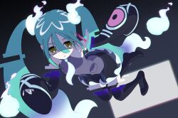 Rule 34 | 1girl, bare shoulders, black thighhighs, commentary request, creatures (company), detached sleeves, dress, eyelashes, full body, game freak, ghost miku (project voltage), green hair, grey dress, hair between eyes, hatsune miku, highres, ia (ilwmael9), long hair, necktie, nintendo, pokemon, project voltage, sleeves past wrists, solo, thighhighs, twintails, vocaloid, yellow eyes