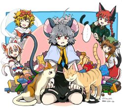 Rule 34 | ..., 5girls, :3, :d, :o, animal, animal ears, animal on head, blonde hair, blue capelet, blush, brown eyes, brown hair, calico, capelet, cat, cat tail, cheese, chen, closed eyes, commentary request, dated, earrings, extra ears, fang, food, goutokuji mike, green headwear, grey hair, hagoromo, hat, highres, jewelry, kaenbyou rin, long sleeves, mc pyth, mob cap, mouse (animal), mouse ears, mouse tail, multicolored hair, multiple girls, multiple tails, nazrin, on head, open mouth, pendant, petting, pointy ears, red eyes, red hair, shawl, short hair, single earring, smile, spoken ellipsis, streaked hair, sweatdrop, tail, toramaru shou, touhou, twintails, twitter username, two tails