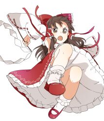 Rule 34 | 1girl, absurdres, bloomers, bow, brown eyes, brown hair, commentary request, detached sleeves, frilled bow, frilled hair tubes, frills, gohei, hair bow, hair tubes, hakurei reimu, highres, holding, holding gohei, long hair, mary janes, open mouth, red bow, red footwear, red skirt, ribbon-trimmed sleeves, ribbon trim, sasaki sakiko, shoes, simple background, skirt, socks, solo, touhou, underwear, white background, white bloomers, white socks