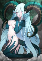 Rule 34 | 1girl, absurdres, blue hair, braid, breasts, cleavage, curled horns, fate/grand order, fate (series), hair censor, highres, horns, k jin, kneeling, long hair, looking at viewer, navel, open mouth, pointy ears, pubic tattoo, purple eyes, solo, symbol-shaped pupils, tail, tattoo, teeth, tiamat (fate), very long hair, waifu2x