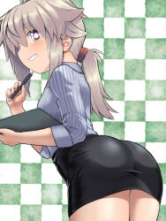Rule 34 | 1girl, antenna hair, ass, black skirt, blush, breasts, brown hair, checkered background, clipboard, collared shirt, commentary request, grey shirt, hair between eyes, highres, holding, holding pencil, koshirae tsurugi (m.m), leaning forward, long hair, long sleeves, looking at viewer, looking to the side, low ponytail, m.m, original, pencil, pencil skirt, ponytail, profile, shirt, sidelocks, skirt, small breasts, smile, solo, striped clothes, striped shirt, vertical-striped clothes, vertical-striped shirt