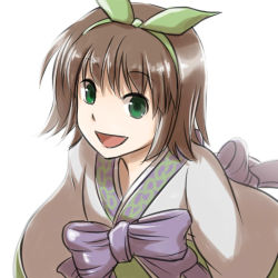 Rule 34 | 1girl, breasts, brown hair, commentary request, green eyes, green hairband, hairband, hanbok, korean clothes, looking at viewer, natsuya (kuttuki), open mouth, ragnarok online, short hair, simple background, small breasts, smile, solo, soul linker (ragnarok online), upper body, white background