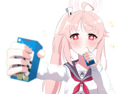 Rule 34 | + +, absurdres, ahoge, blue archive, blurry, blurry foreground, blush, collarbone, commentary, drinking straw, hair ornament, halo, highres, juice box, long hair, natsu (blue archive), pink hair, portrait, red eyes, school uniform, side ponytail, simple background, sparkle, white background, ziz (pandora707)
