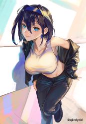 Rule 34 | 1girl, absurdres, armpits, blue eyes, blue hair, breasts, casual, crop top, earrings, hairband, highres, hololive, hololive english, jacket, jacket partially removed, jewelry, large breasts, leaning forward, looking at viewer, ouro kronii, pants, santafe99, shirt, short hair, sleeveless, sleeveless shirt, smile, solo, twitter username, virtual youtuber
