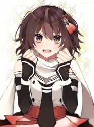 Rule 34 | 1girl, :d, black gloves, black necktie, black skirt, blush, brown eyes, brown hair, clenched hands, elbow gloves, fingerless gloves, gloves, hair ornament, highres, kantai collection, kozu (bloomme1 me), looking at viewer, necktie, open mouth, scarf, school uniform, sendai (kancolle), sendai kai ni (kancolle), serafuku, short hair, skirt, smile, solo, two side up, upper body, white scarf