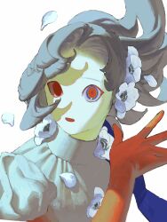 Rule 34 | 1girl, blue ribbon, colored skin, dress, floating hair, flower, grey dress, grey hair, gtsleep1200, hair flower, hair ornament, hand up, highres, long hair, looking at viewer, multicolored skin, open mouth, original, petals, puffy short sleeves, puffy sleeves, red eyes, red skin, ribbon, ringed eyes, short sleeves, simple background, solo, two-tone skin, upper body, white background, white flower