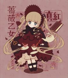 Rule 34 | 1girl, :o, absurdres, blonde hair, blunt bangs, blush, bonnet, book, bow, cake, character name, cup, dress, flower, food, fork, full body, grey eyes, highres, kettle, lolita fashion, long hair, mary janes, plate, rabiyamarabi, red dress, rose, rozen maiden, shinku, shoes, solo, tea, teacup, twintails, very long hair