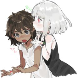 Rule 34 | 2girls, :o, albino, bad id, bad twitter id, bare shoulders, biting, black eyes, black shirt, blouse, blush, bracelet, brown hair, commentary request, dark-skinned female, dark skin, ear biting, ear licking, highres, interracial, jewelry, licking, looking at viewer, micchan (ohisashiburi), multiple girls, nacchan (ohisashiburi), ohisashiburi, open mouth, original, red eyes, shirt, short hair, silver hair, simple background, sleeveless, sleeveless shirt, surprised, translation request, uncommon stimulation, white background, white shirt, wide-eyed, yuri