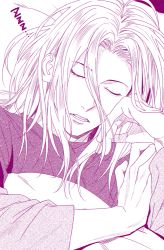 Rule 34 | 1boy, closed eyes, commentary request, hair between eyes, long hair, lower teeth only, lying, male focus, mashima shima, mitsugi (paradise), monochrome, on back, paradise (visual novel), parted lips, shirt, sleeping, solo, teeth, upper body, zzz
