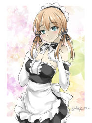Rule 34 | 1girl, alternate costume, anchor hair ornament, apron, aqua eyes, black dress, blonde hair, breasts, cleavage, cowboy shot, detached collar, dress, elbow gloves, enmaided, frilled apron, frilled gloves, frills, gakky, gloves, hair ornament, kantai collection, long hair, maid, maid headdress, medium breasts, one-hour drawing challenge, prinz eugen (kancolle), smile, solo, strapless, strapless dress, twintails, white apron, white gloves