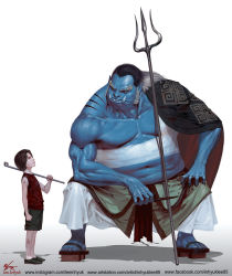 Rule 34 | 2boys, aged down, black hair, blue skin, brown hair, bruise, cape, child, colored skin, fangs, fat, fat man, geta, holding, holding smoking pipe, in-hyuk lee, injury, jinbe (one piece), male focus, multicolored hair, multiple boys, muscular, muscular male, one piece, pointy ears, polearm, portgas d. ace, shadow, shorts, signature, silver hair, smoking pipe, squatting, trident, two-tone hair, veins, watermark, weapon, web address