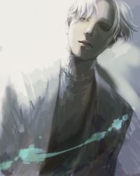 Rule 34 | 1boy, as (ashes), dutch angle, expressionless, johan liebert, looking at viewer, male focus, monster (manga), parted lips, smear frame, solo, sweater, upper body, white hair