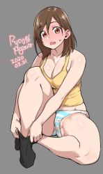 Rule 34 | 1girl, 2020, agawa ryou, bare shoulders, black socks, blue panties, blush, breasts, brown eyes, brown hair, commentary, dated, full-face blush, grey background, leg up, long hair, medium breasts, original, panties, shirt, simple background, sitting, socks, solo, striped clothes, striped panties, sweatdrop, tank top, underwear, wavy mouth, white panties, yellow shirt