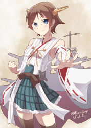 Rule 34 | 10s, 1girl, bare shoulders, blue eyes, boots, brown hair, detached sleeves, e20, flipped hair, gradient background, headgear, hiei (kancolle), hiei kai ni (kancolle), japanese clothes, kantai collection, nontraditional miko, plaid, short hair, skirt, solo, thigh boots, thighhighs