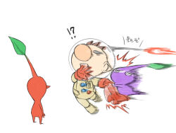 !? 1boy ^^^ attack big_nose brown_hair buttons cape colored_skin commentary_request flat_color from_behind full_body gloves helmet holding holding_cape holding_unworn_clothes leaf male_focus motion_blur naru_(wish_field) nintendo no_mouth o_o olimar open_mouth pikmin_(creature) pikmin_(series) pointy_ears pointy_nose purple_pikmin purple_skin radio_antenna red_cape red_gloves red_pikmin red_skin short_hair simple_background space_helmet spacesuit speed_lines teeth translation_request unusually_open_eyes upper_teeth_only very_short_hair white_background wide-eyed