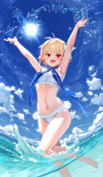 Rule 34 | 1girl, :d, arcueid brunestud, armpits, arms up, barefoot, bikini, blonde hair, breasts, cloud, day, dazzling moon (fate/grand order), fate/grand order, fate (series), foot out of frame, izumi sai, large breasts, ocean, official art, open mouth, outdoors, partially underwater shot, red eyes, short hair, sky, smile, solo, standing, standing on one leg, sun, swimsuit, tsukihime, wading, water, white bikini
