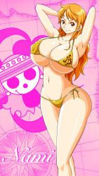 Rule 34 | 1girl, ass, barefoot, bikini, breasts, brown eyes, cleavage, feet, highres, hip focus, huge breasts, large breasts, long hair, nami (one piece), navel, one piece, orange hair, smile, stomach, swimsuit, thick thighs, thighs, wide hips