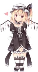 Rule 34 | 1girl, arm garter, black dress, black ribbon, black thighhighs, blonde hair, bow, choker, collarbone, commentary request, cowboy shot, cross-laced clothes, dress, flandre scarlet, frilled choker, frilled dress, frilled sleeves, frills, garter straps, gothic lolita, hair between eyes, hat, hat ribbon, head tilt, heart, highres, juliet sleeves, lolita fashion, long sleeves, looking at viewer, mob cap, puffy sleeves, red eyes, ribbon, shiero., side ponytail, simple background, smile, solo, striped clothes, striped thighhighs, thighhighs, touhou, v arms, white background, white bow, white hat, white ribbon, white thighhighs, wings